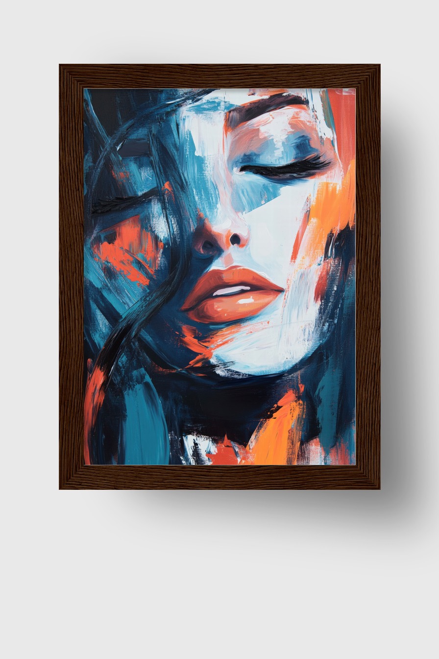 Abstraktes Frauenportrait mit geschlossenen Augen in blauen und orangen Farbtönen als Kunstdruck