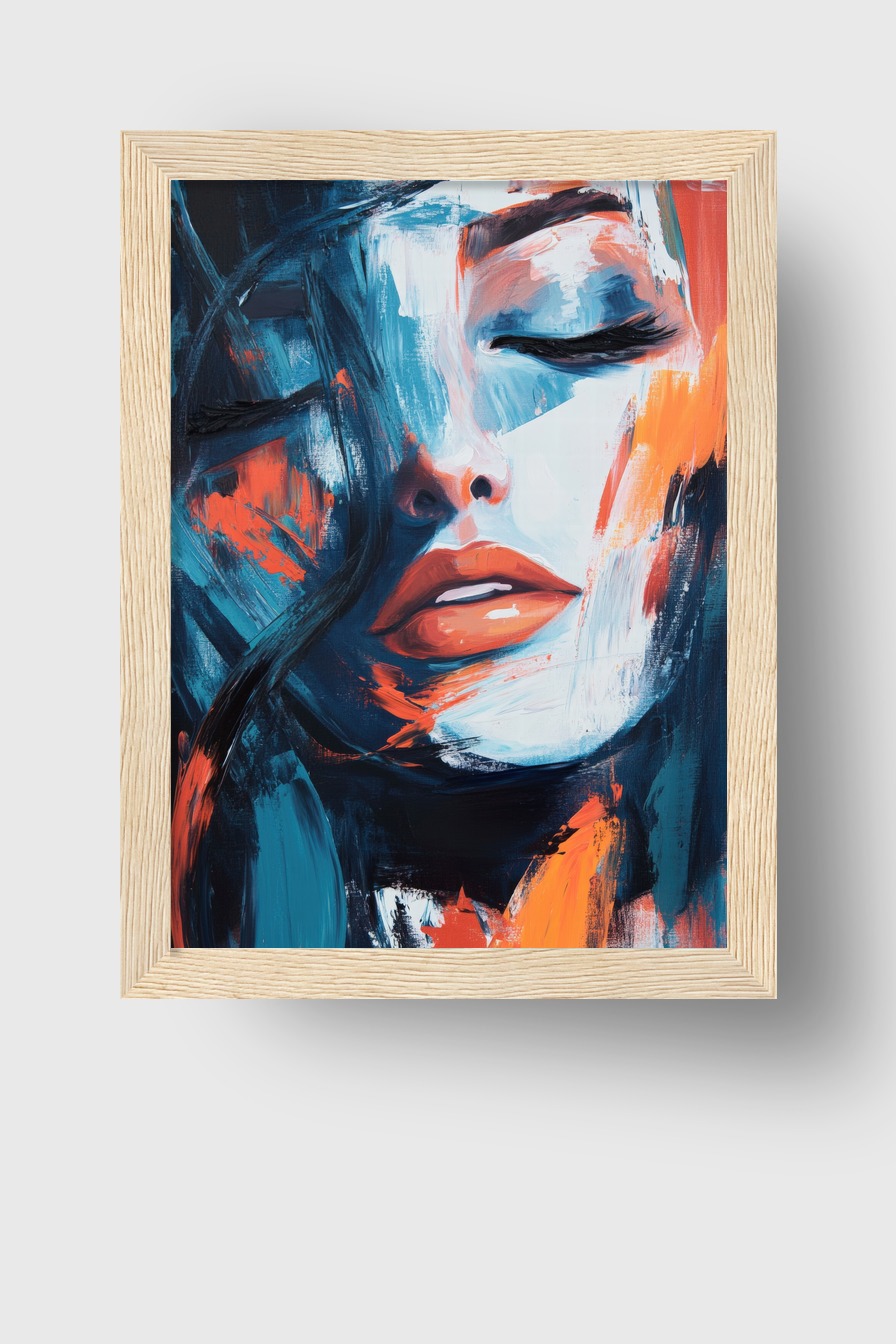 Abstraktes Frauenportrait mit geschlossenen Augen in blauen und orangen Farbtönen als Kunstdruck