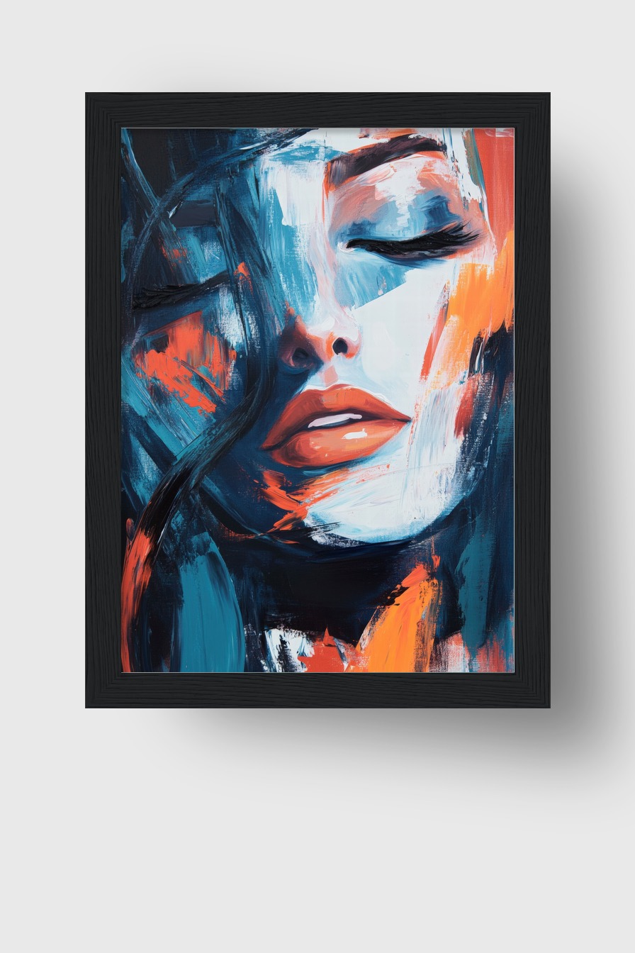 Abstraktes Frauenportrait mit geschlossenen Augen in blauen und orangen Farbtönen als Kunstdruck
