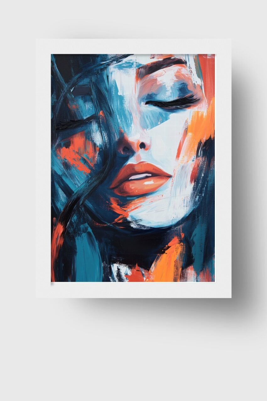Abstraktes Frauenportrait mit geschlossenen Augen in blauen und orangen Farbtönen als Kunstdruck