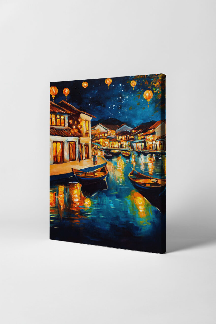 Kunstdruck einer nächtlichen Stadt am Wasser mit Booten und leuchtenden Laternen in warmen Farben
