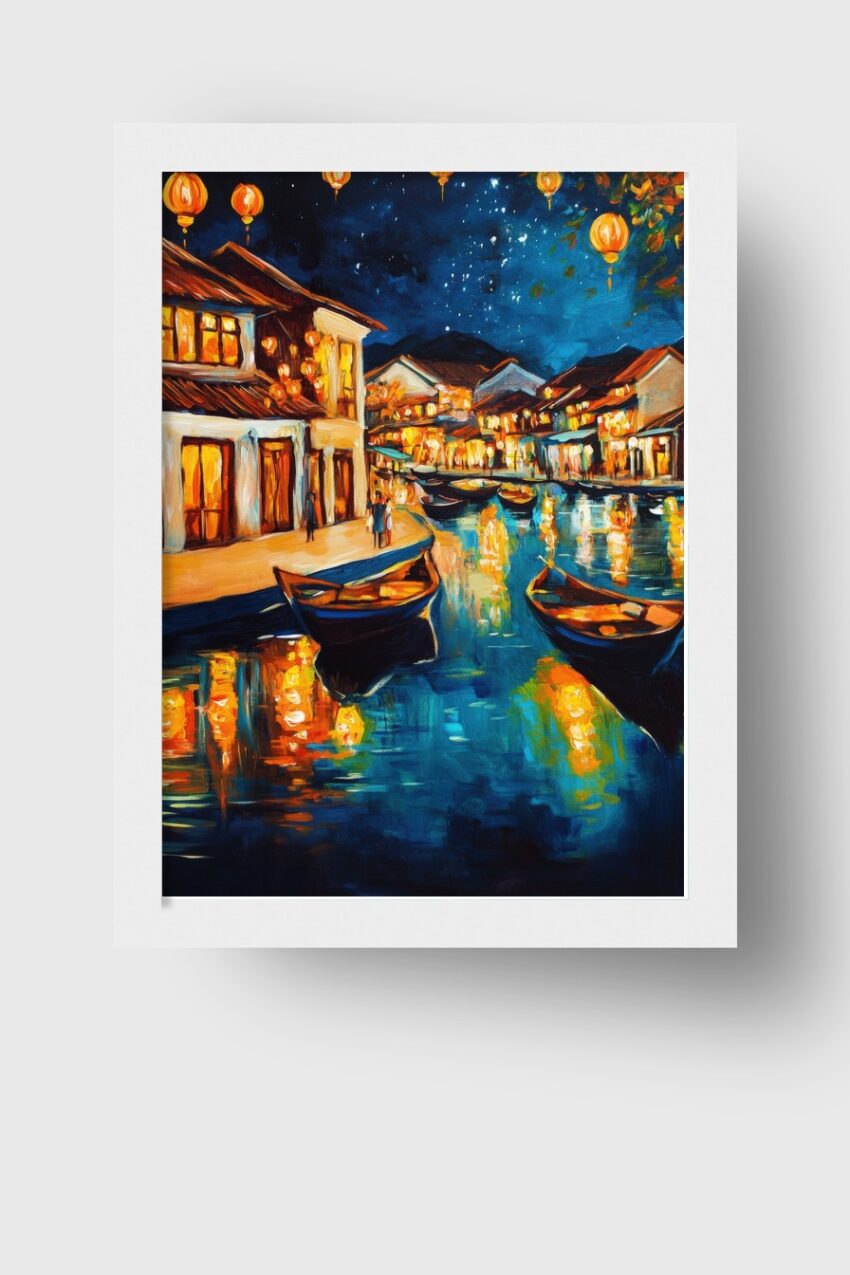 Kunstdruck einer nächtlichen Stadt am Wasser mit Booten und leuchtenden Laternen in warmen Farben