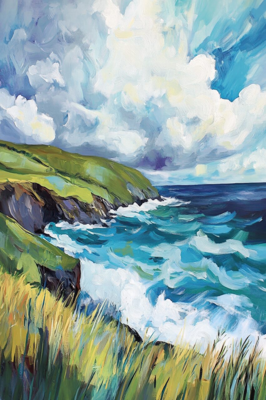 Kunstdruck einer Küstenlandschaft mit grünen Klippen, stürmischem Meer und dramatischem Himmel in leuchtenden Blautönen