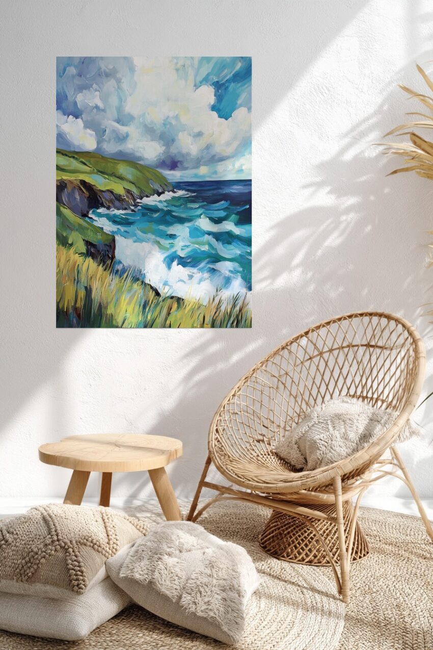 Kunstdruck einer Küstenlandschaft mit grünen Klippen, stürmischem Meer und dramatischem Himmel in leuchtenden Blautönen