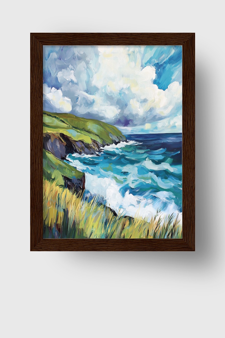 Kunstdruck einer Küstenlandschaft mit grünen Klippen, stürmischem Meer und dramatischem Himmel in leuchtenden Blautönen