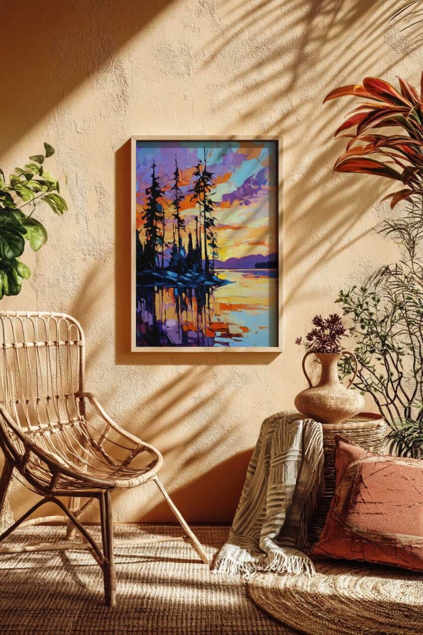 Kunstdruck eines farbenfrohen Sonnenuntergangs mit Nadelbäumen am See und Spiegelung im Wasser in leuchtenden Orangetönen und Lila