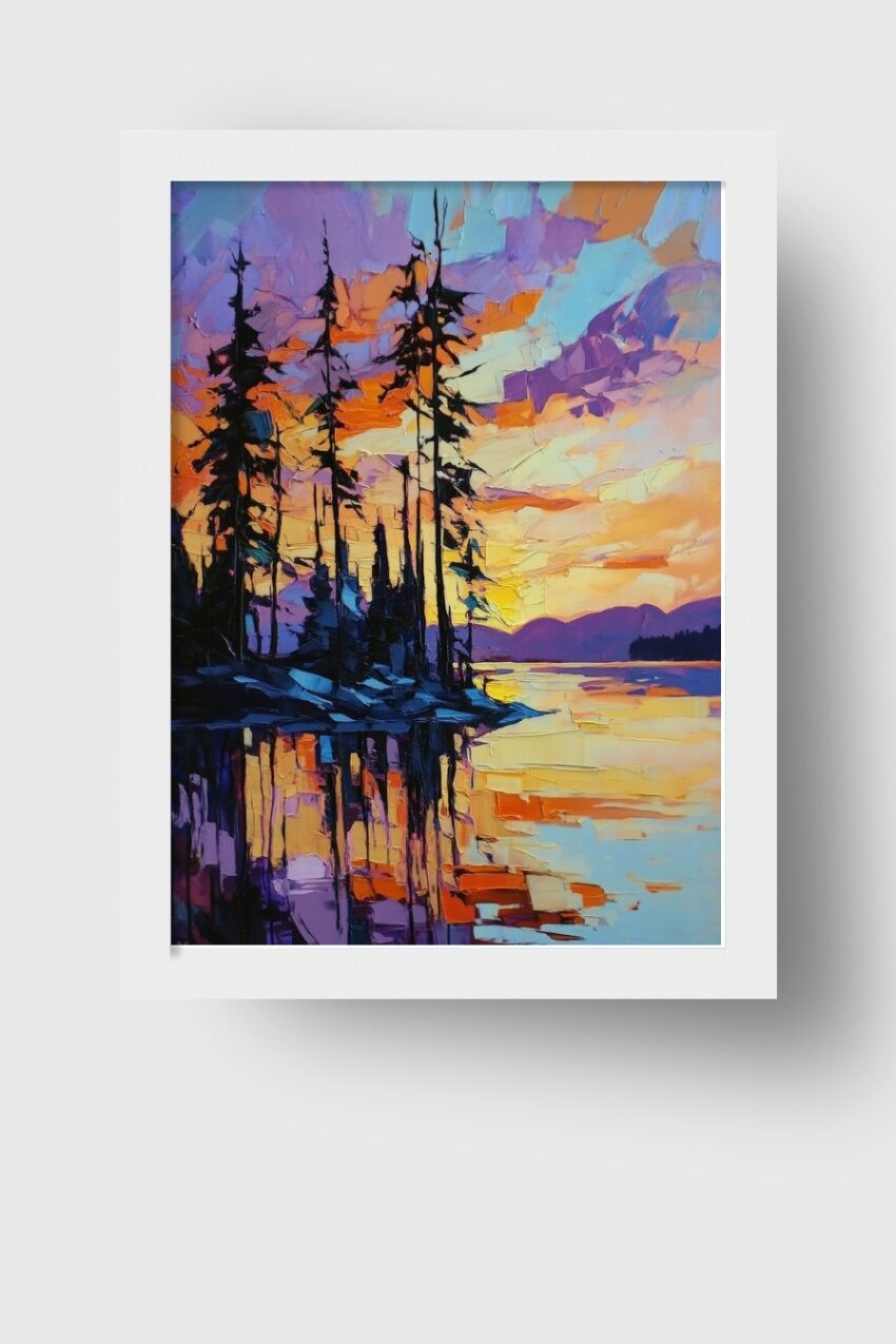 Kunstdruck eines farbenfrohen Sonnenuntergangs mit Nadelbäumen am See und Spiegelung im Wasser in leuchtenden Orangetönen und Lila