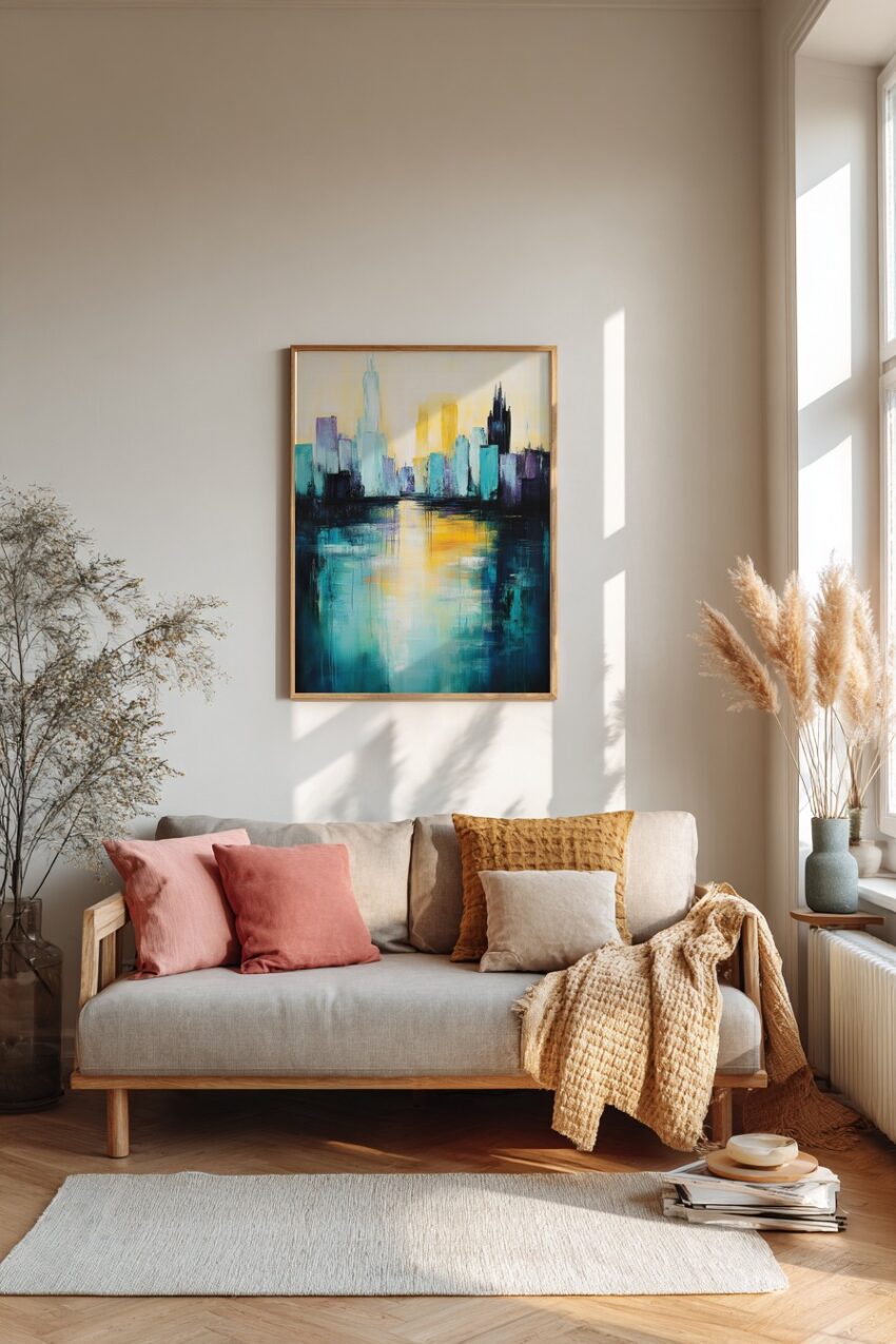 Abstrakter Kunstdruck einer Stadt Skyline mit Wasserreflexion in Blau und Gelb