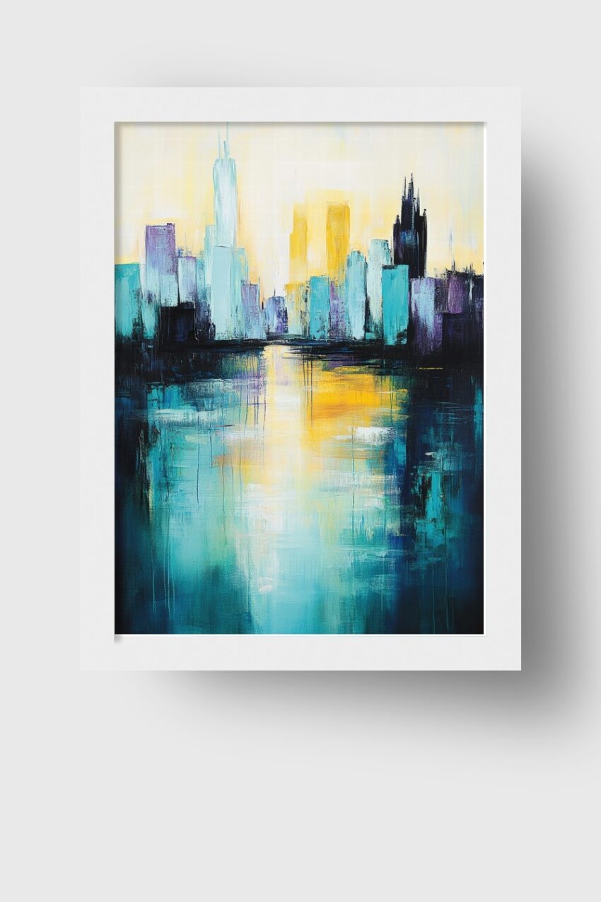 Abstrakter Kunstdruck einer Stadt Skyline mit Wasserreflexion in Blau und Gelb
