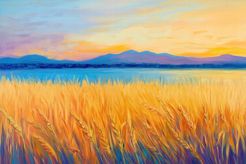Poster eines Weizenfeldes am See mit Bergen im Hintergrund und warmen Sonnenuntergangsfarben in Blau und Orange