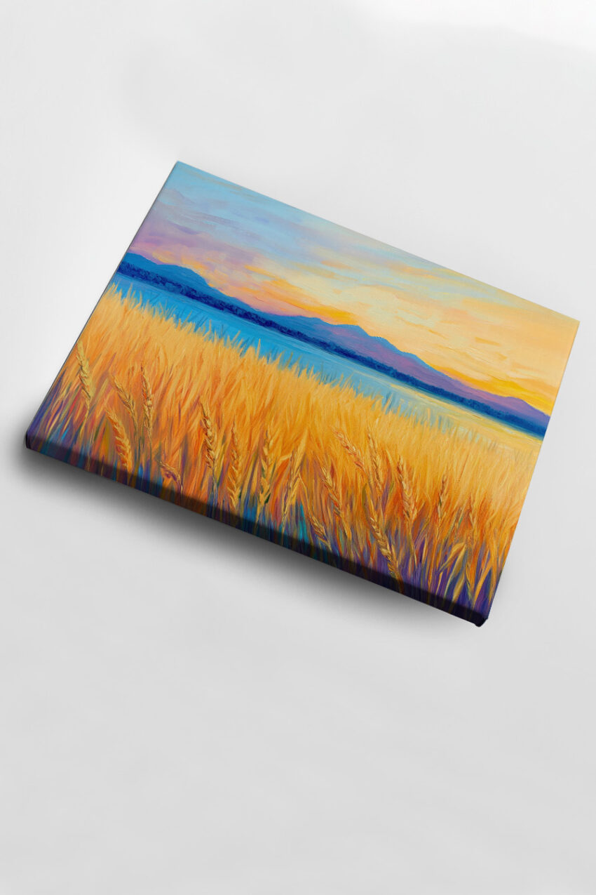 Poster eines Weizenfeldes am See mit Bergen im Hintergrund und warmen Sonnenuntergangsfarben in Blau und Orange