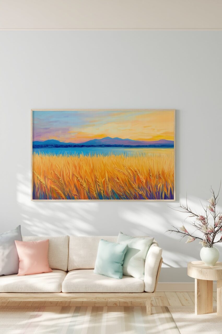 Poster eines Weizenfeldes am See mit Bergen im Hintergrund und warmen Sonnenuntergangsfarben in Blau und Orange