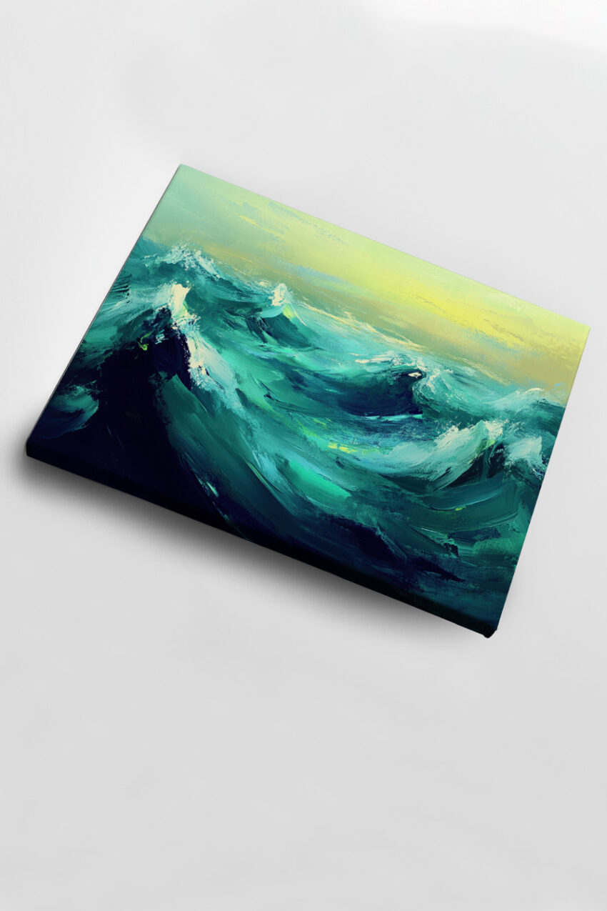 Kunstdruck expressive Meereswellen in Blau und Grün vor gelbgrünem Himmel