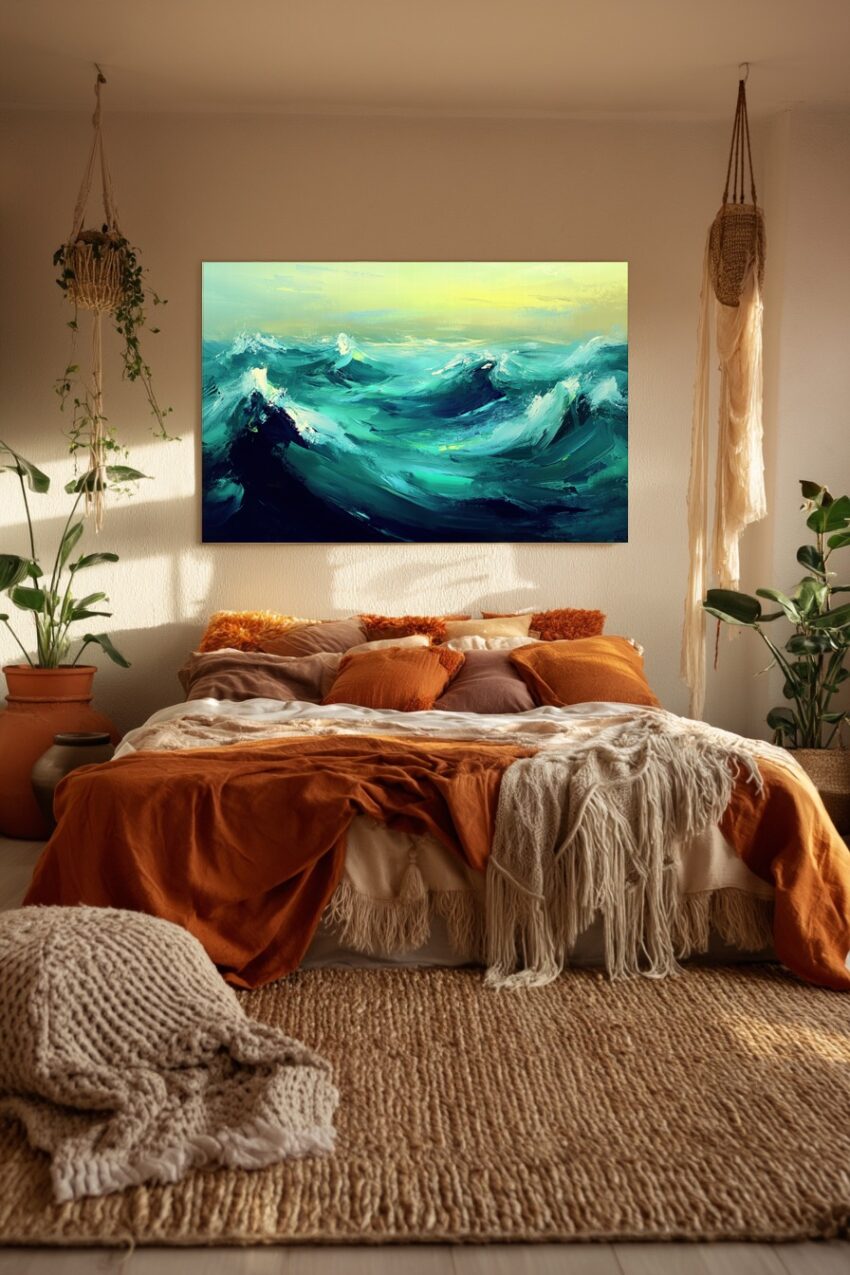 Kunstdruck expressive Meereswellen in Blau und Grün vor gelbgrünem Himmel