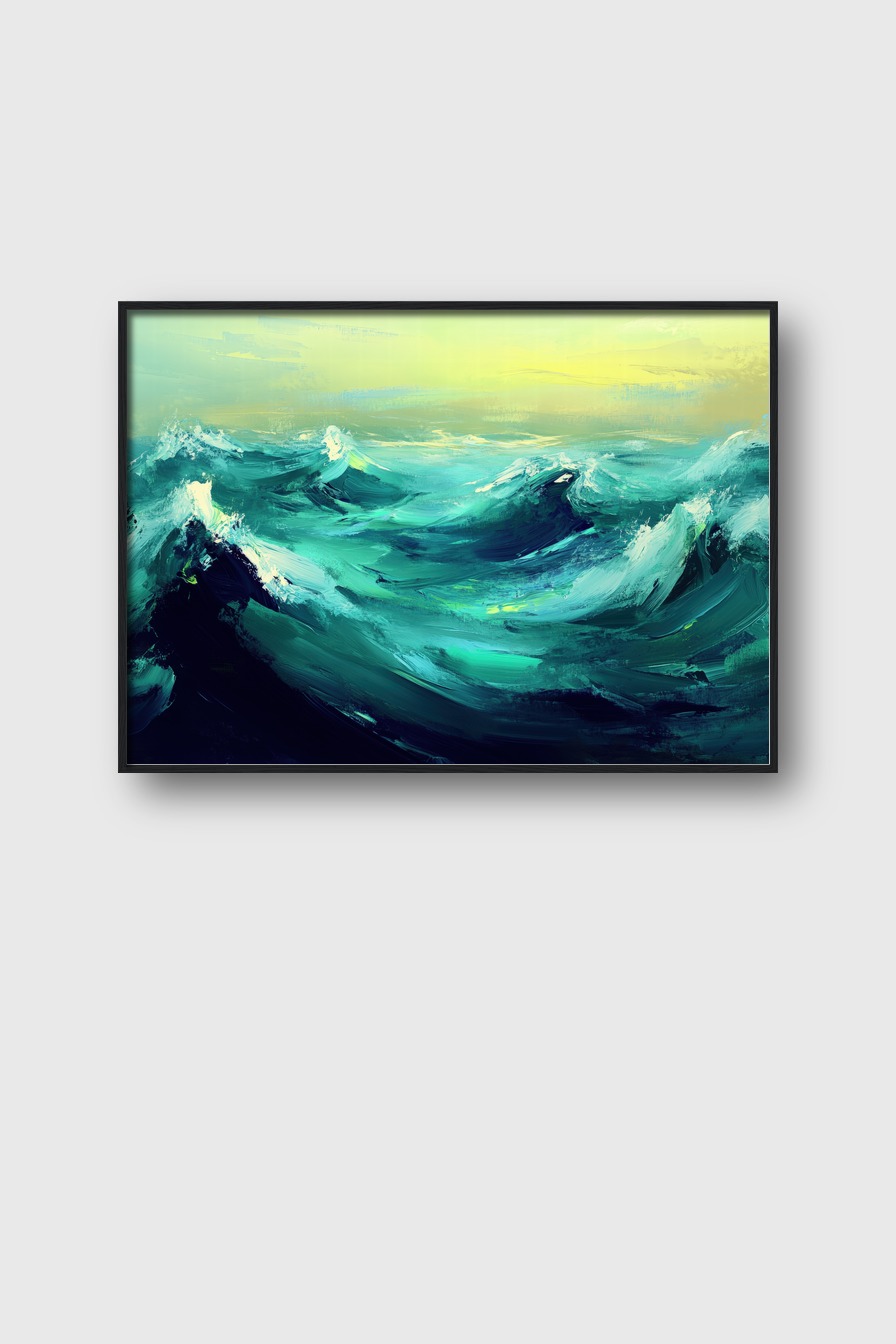 Kunstdruck expressive Meereswellen in Blau und Grün vor gelbgrünem Himmel