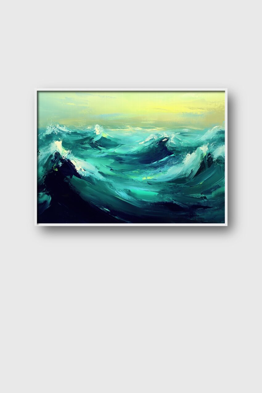 Kunstdruck expressive Meereswellen in Blau und Grün vor gelbgrünem Himmel