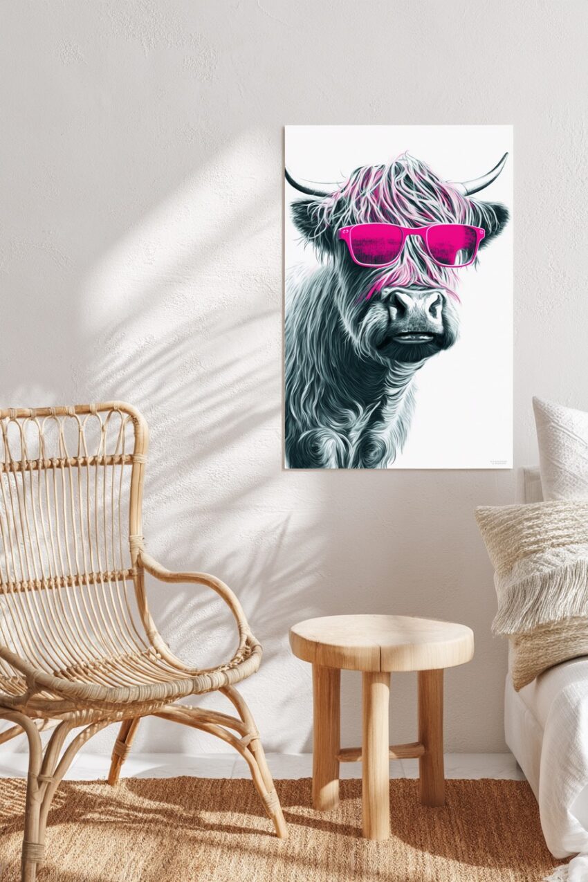 Digitale Kunst Poster Highland Rind pink Sonnenbrille
