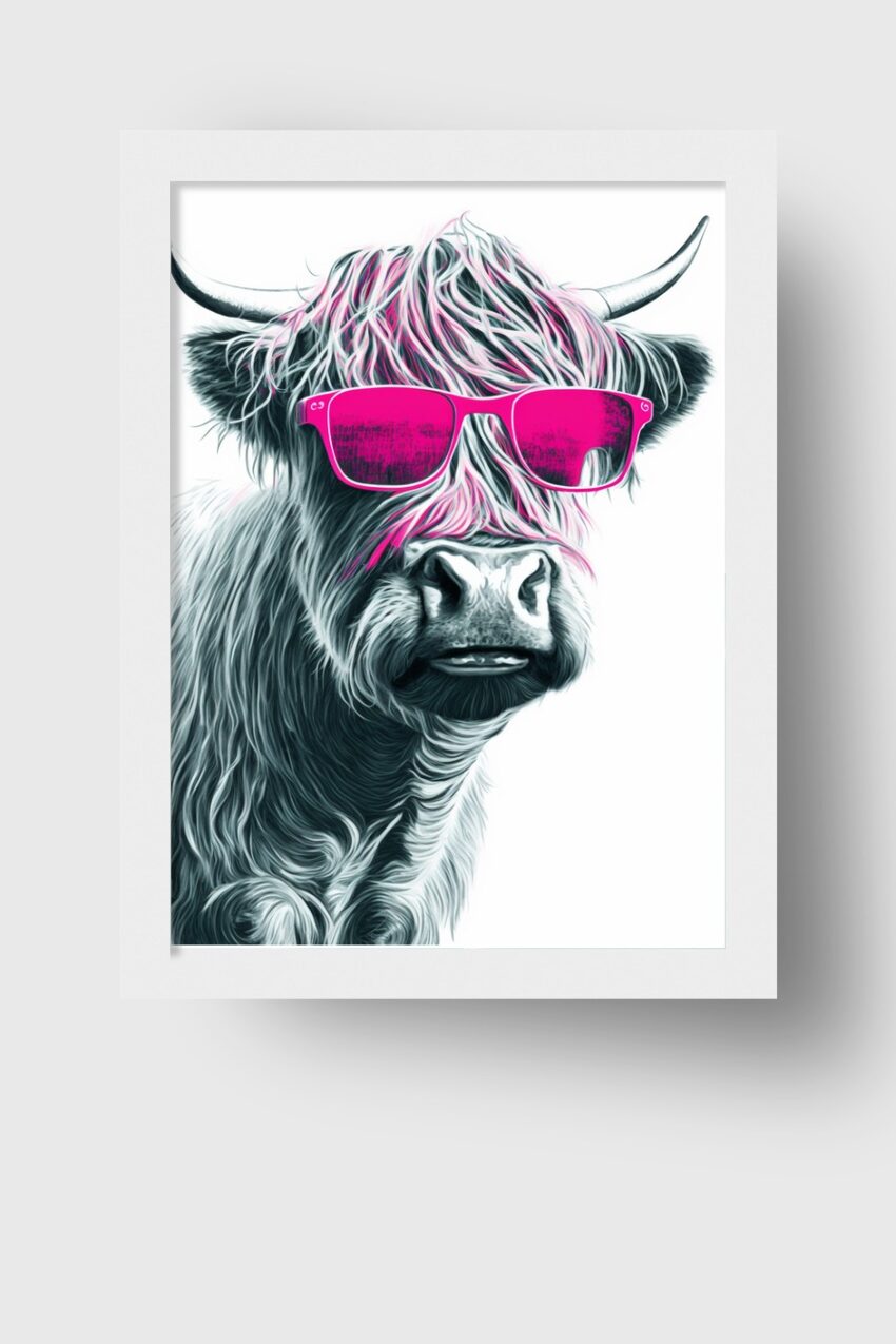Digitale Kunst Poster Highland Rind pink Sonnenbrille