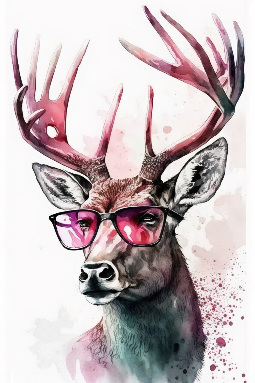 Aquarell Poster Hirsch Brille bunt pink