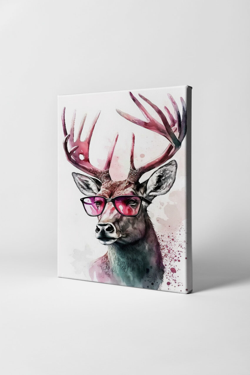 Aquarell Poster Hirsch Brille bunt pink