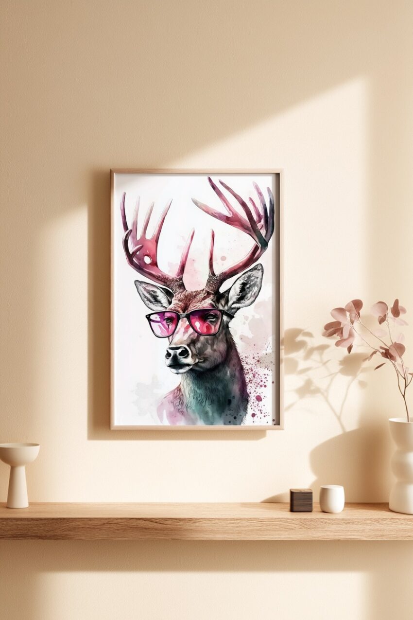 Aquarell Poster Hirsch Brille bunt pink