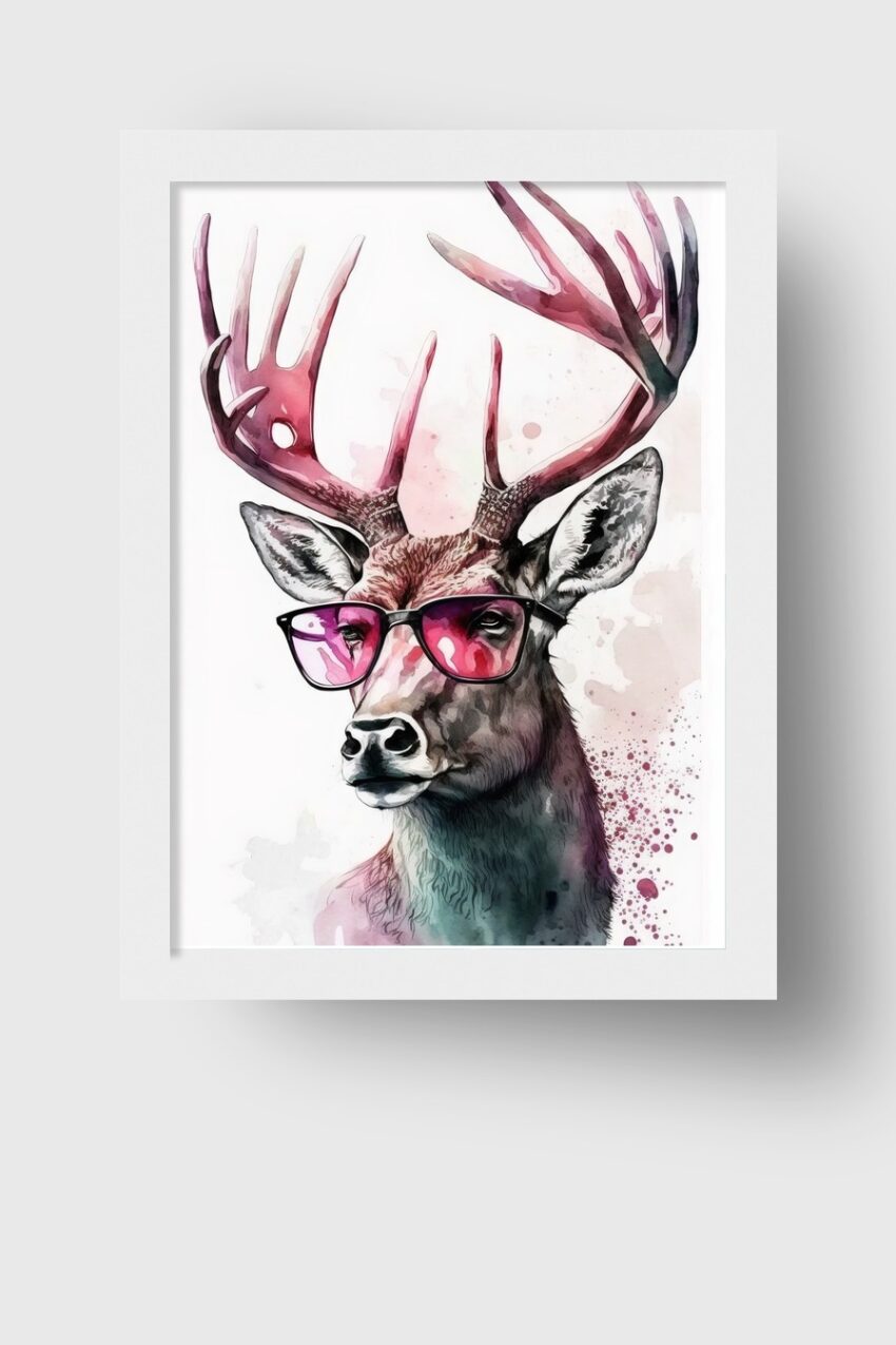 Aquarell Poster Hirsch Brille bunt pink