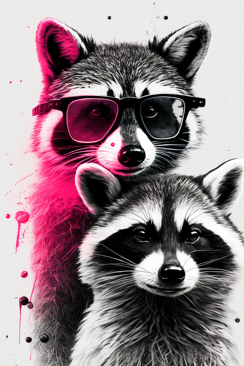 Digitale Kunst Poster Waschbär Porträt schwarz-weiß pink Akzent