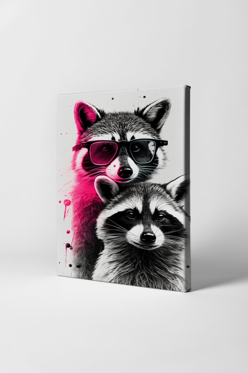 Digitale Kunst Poster Waschbär Porträt schwarz-weiß pink Akzent