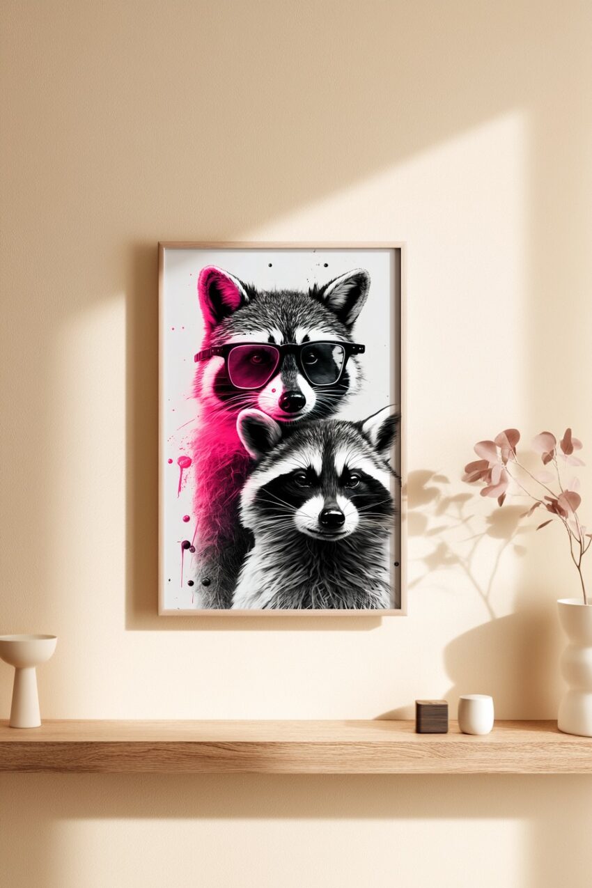 Digitale Kunst Poster Waschbär Porträt schwarz-weiß pink Akzent
