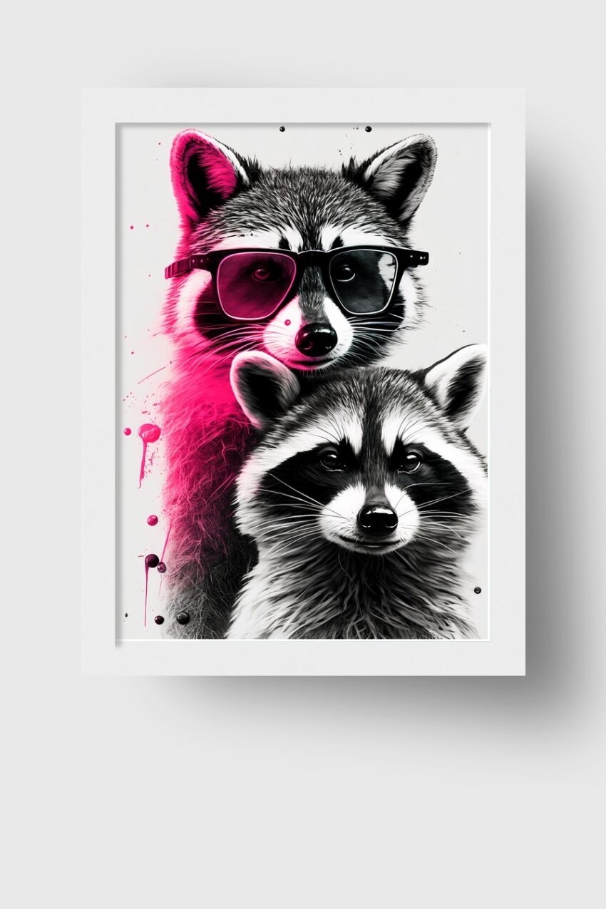 Digitale Kunst Poster Waschbär Porträt schwarz-weiß pink Akzent