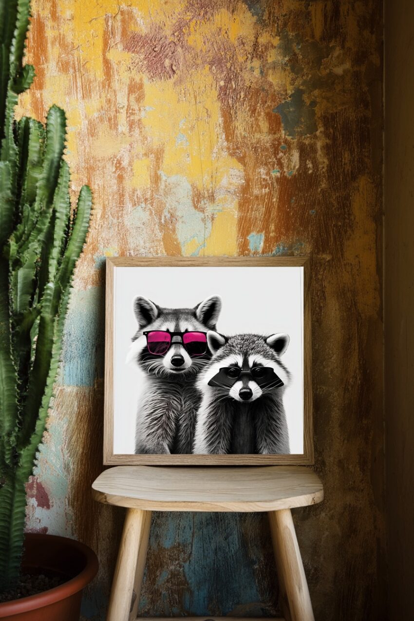 Fotografie Poster Waschbären Sonnenbrille schwarz-weiß
