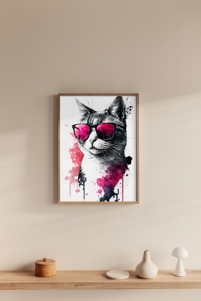 Digitale Kunst Poster Katze Sonnenbrille pink schwarz-weiß