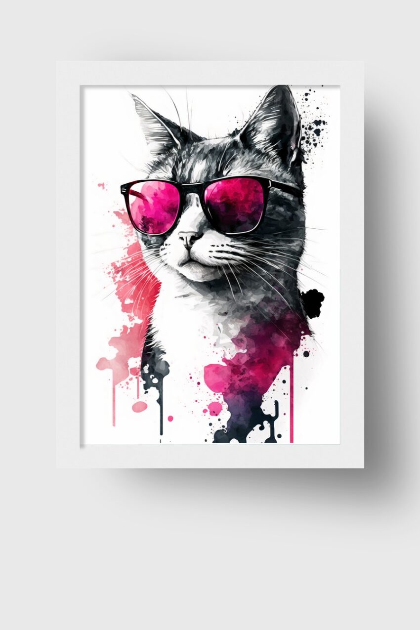 Digitale Kunst Poster Katze Sonnenbrille pink schwarz-weiß