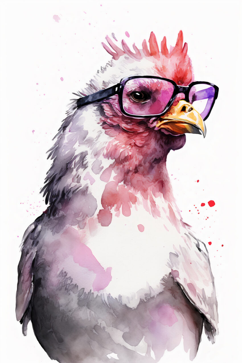 Aquarell Poster Huhn mit Brille rosa schwarz