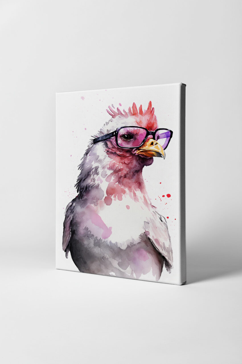 Aquarell Poster Huhn mit Brille rosa schwarz