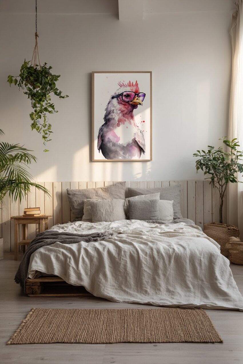 Aquarell Poster Huhn mit Brille rosa schwarz