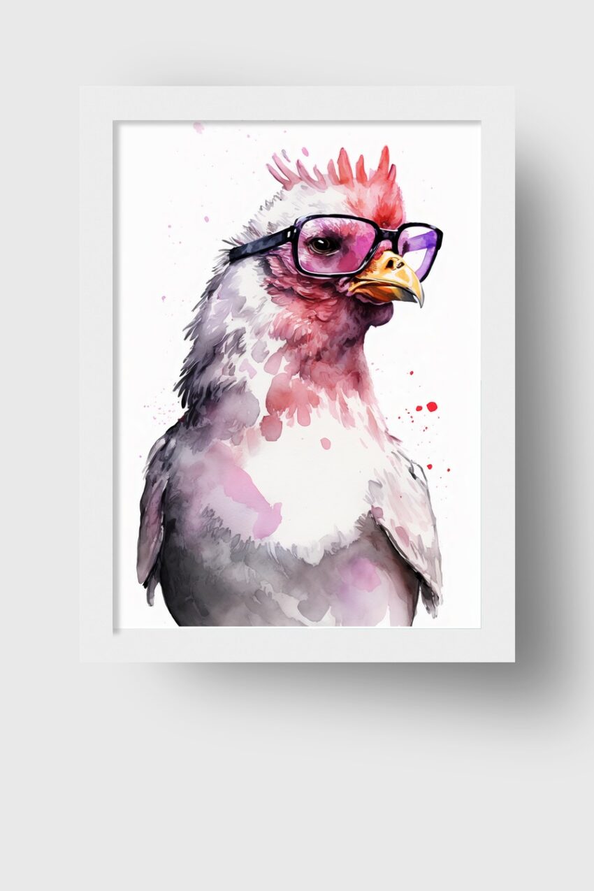 Aquarell Poster Huhn mit Brille rosa schwarz