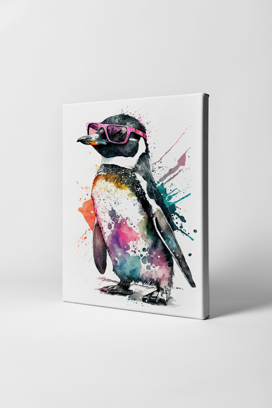 Aquarell Poster Pinguin pinke Sonnenbrille bunt