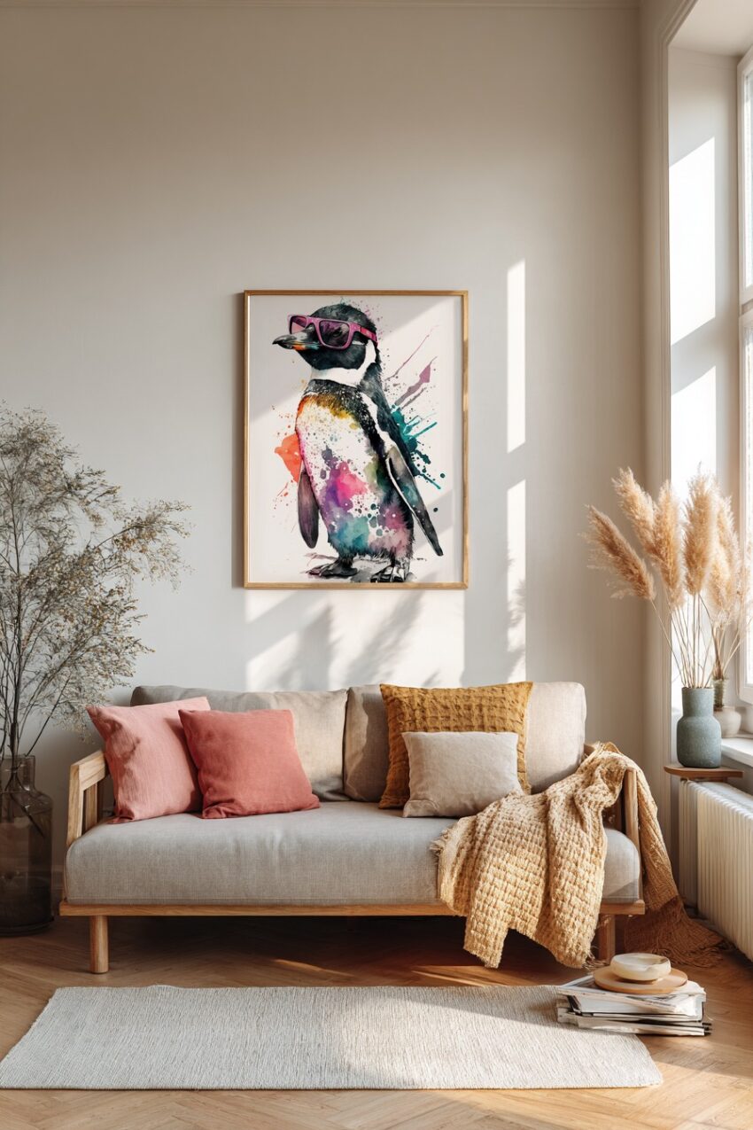 Aquarell Poster Pinguin pinke Sonnenbrille bunt
