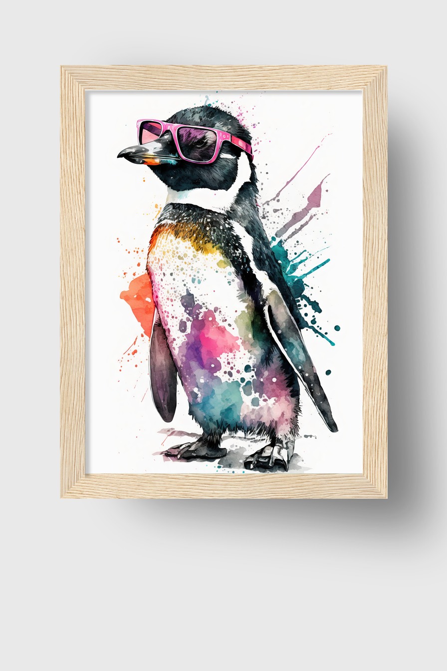 Aquarell Poster Pinguin pinke Sonnenbrille bunt