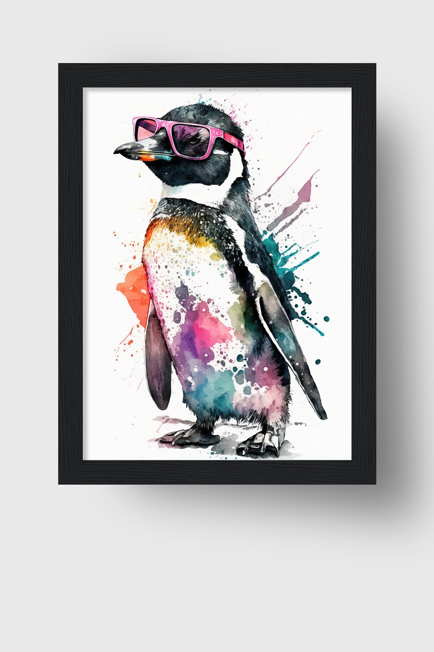 Aquarell Poster Pinguin pinke Sonnenbrille bunt