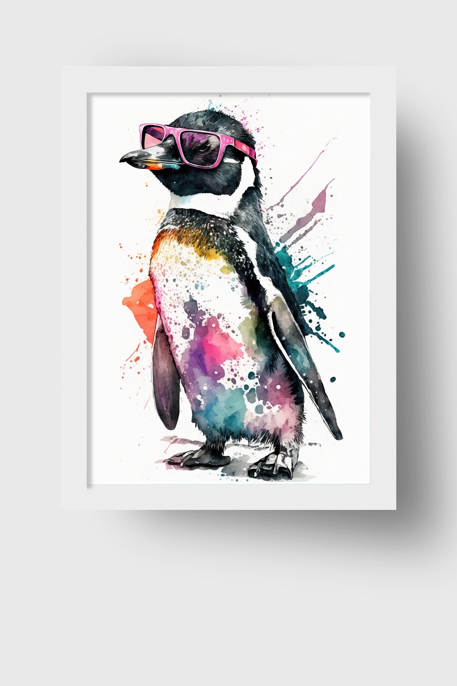 Aquarell Poster Pinguin pinke Sonnenbrille bunt