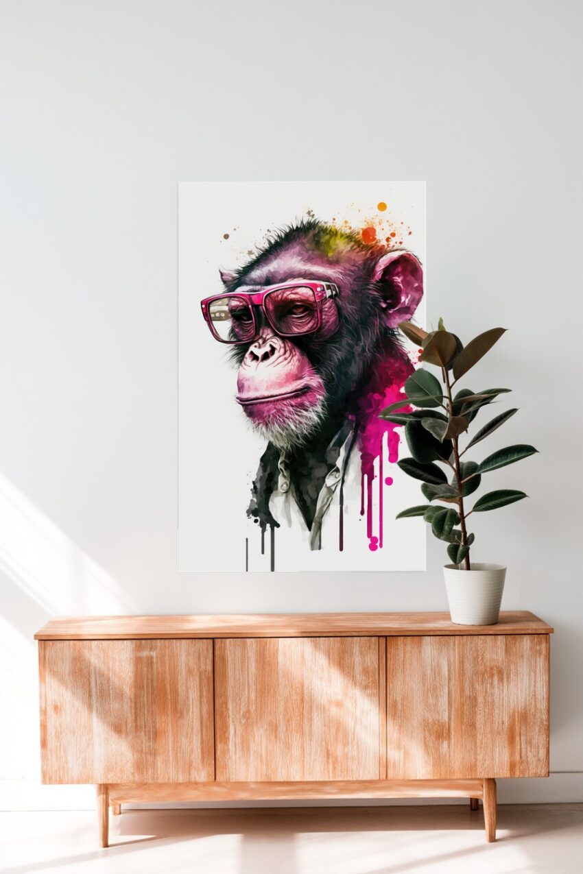 Digitale Kunst Poster Schimpanse Herrenbrille pink schwarz