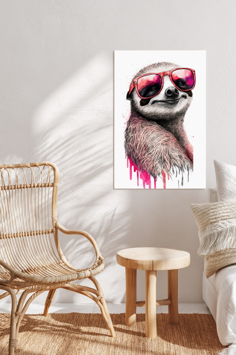 Digitale Kunst Poster Faultier rote Sonnenbrille farbig