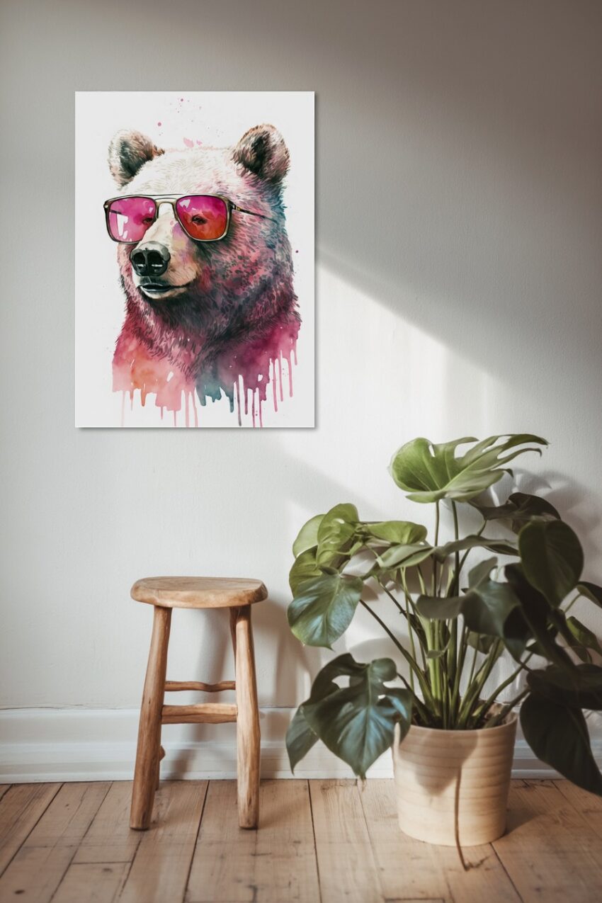 Illustration Poster Bär mit Sonnenbrille rot bunt