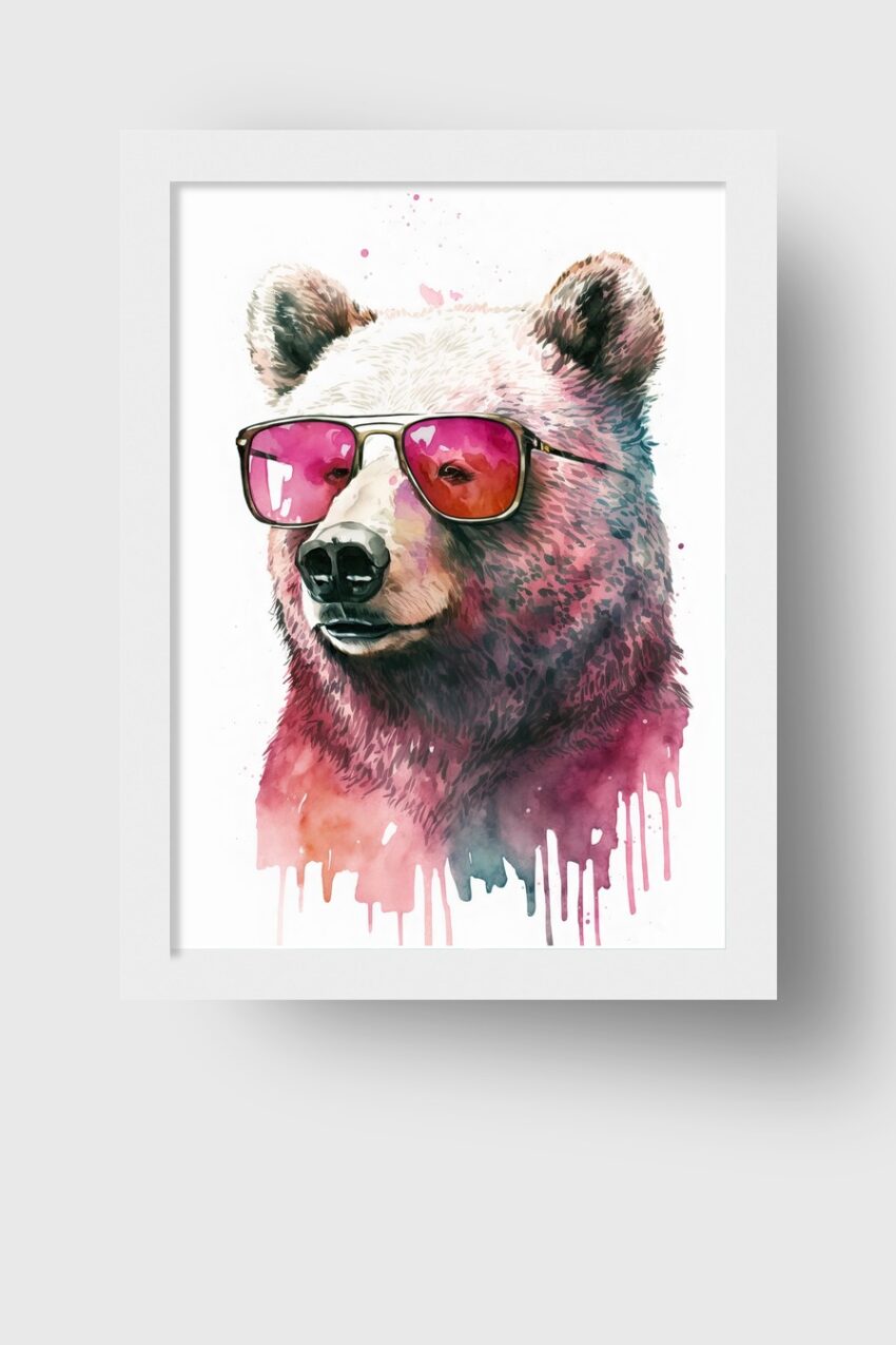 Illustration Poster Bär mit Sonnenbrille rot bunt