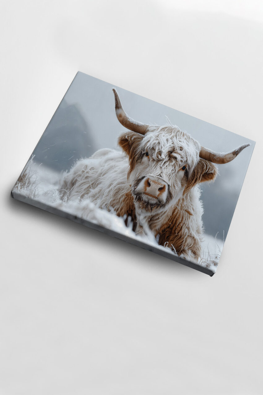 Fotografie Poster Highland Rind frontal winter weiß braun