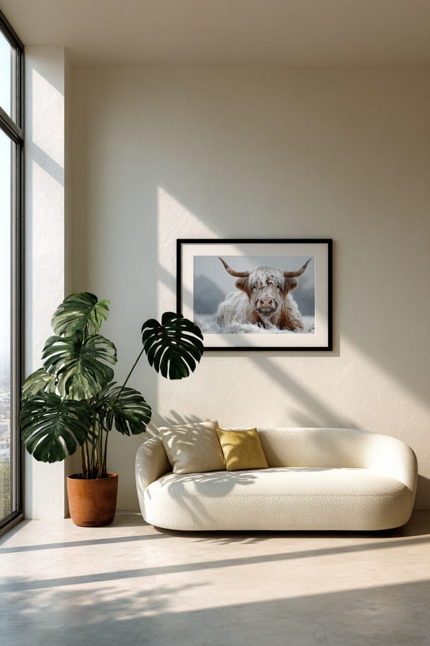 Fotografie Poster Highland Rind frontal winter weiß braun