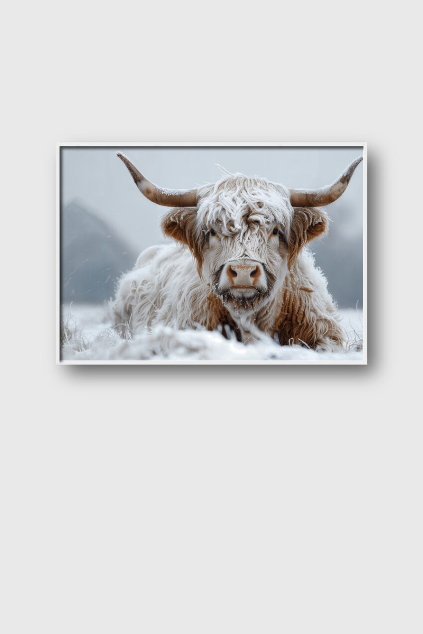 Fotografie Poster Highland Rind frontal winter weiß braun