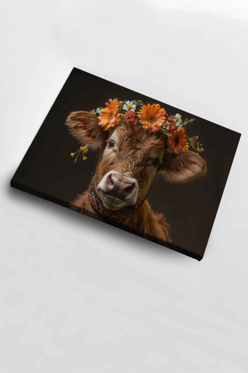 Fotografie Poster Kalb Blumenkranz frontal braun